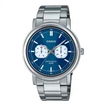 CASIO MTP-E335D-2E1VD pánske analógové quartzové hodinky, modrý ciferník, náramok z nerezovej ocele, 47,6 mm