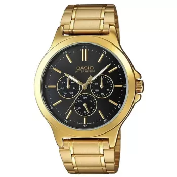 CASIO MTP-V300G-1AUDF pánske analógové quartz hodinky, 47 mm puzdro z pozlátenej nerezovej ocele, čierny ciferník, zobrazenie dátumu a dňa v týždni