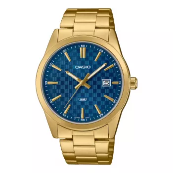 CASIO MTPVD03G2AUDF pánske analógové quartzové hodinky, 45 mm puzdro z nehrdzavejúcej ocele, modrý ciferník, zlatý náramok, 50 m vodotesnosť