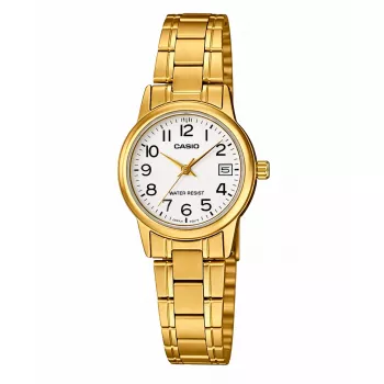 CASIO dámske LTP-V002G-7B2 analógové quartzové hodinky, 31 mm zlaté iontovo plátované puzdro z nehrdzavejúcej ocele, strieborný ciferník, remienok