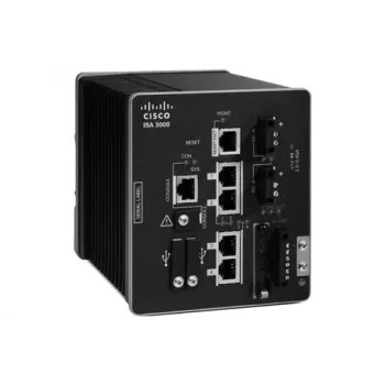 Cisco ISA 3000 priemyselné bezpečnostné zariadenie s 2 medenými a 2 optickými portami, 1 Gbps priepustnosť firewallu, montovateľné na DIN lištu