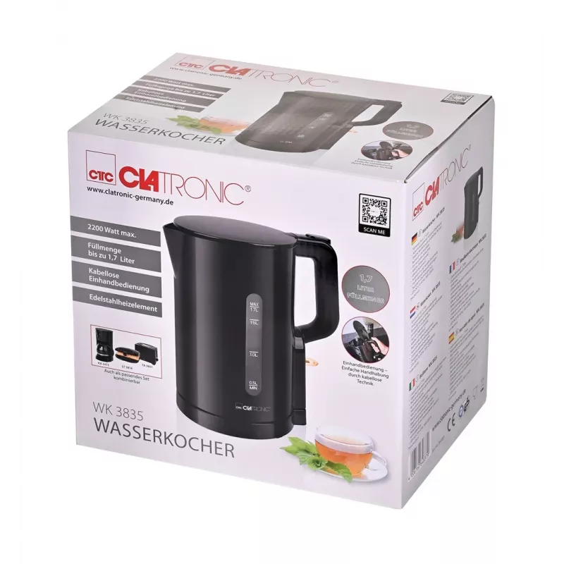 Clatronic WK 3835 bezdrôtová rýchlovarná kanvica 1,7 l 2200 W čierna plast