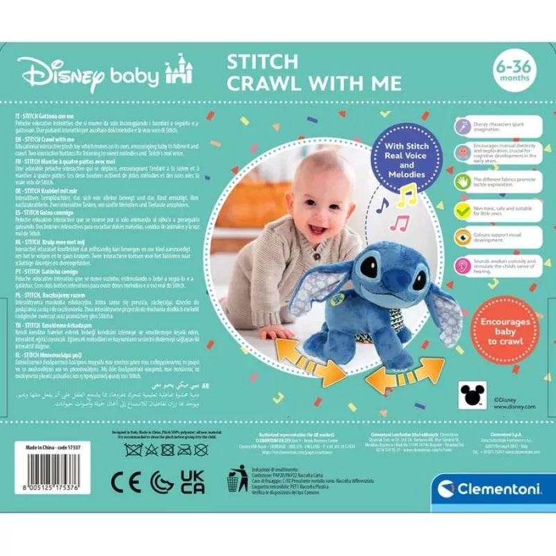 Clementoni Disney Baby Stitch We Crawl Together plyšová hračka, modrá, 25 cm, od narodenia
