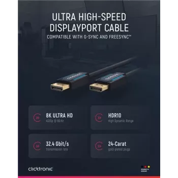 ClickTronic 40994 DisplayPort kábel 2 m čierny - 4K Ultra HD, pozlátené konektory, trojité tienenie