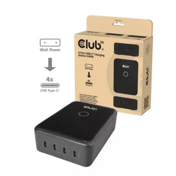 CLUB 3D CAC-1933 4-port USB-C nabíjacia stanica, 240W GaN PD 3.1, PPS, LED displej