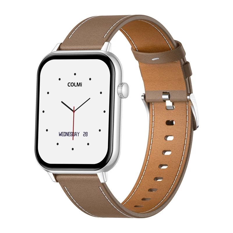COLMI C28 Smartwatch – strieborné + hnedý kožený remienok
