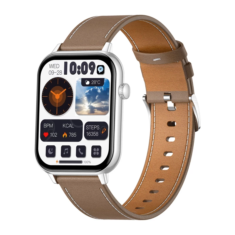 COLMI C28 Smartwatch – strieborné + hnedý kožený remienok