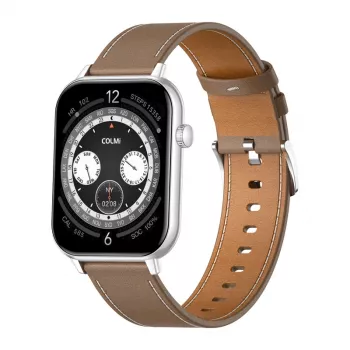 COLMI C28 Smartwatch – strieborné + hnedý kožený remienok