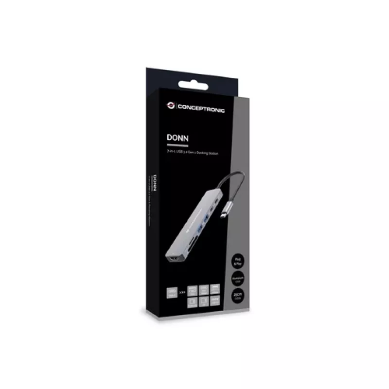 CONCEPTRONIC 573812 dokovacia stanica USB-C 7 v 1, HDMI, USB-C, 2x USB-A, kábel 25 cm, sivá