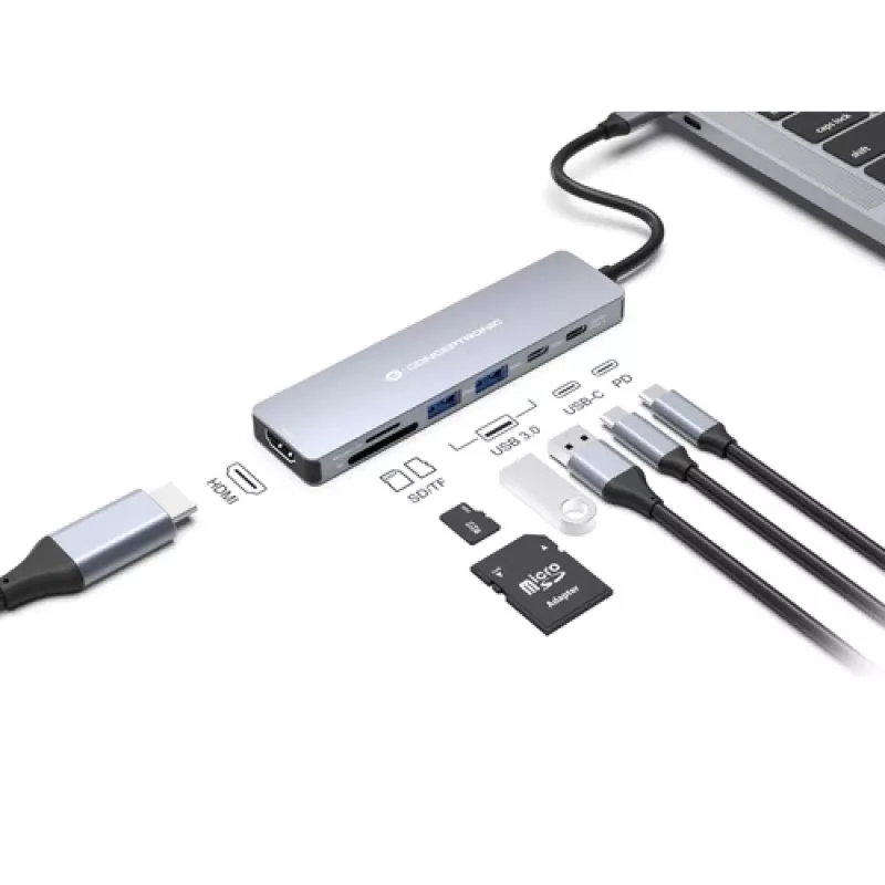 CONCEPTRONIC 573812 dokovacia stanica USB-C 7 v 1, HDMI, USB-C, 2x USB-A, kábel 25 cm, sivá