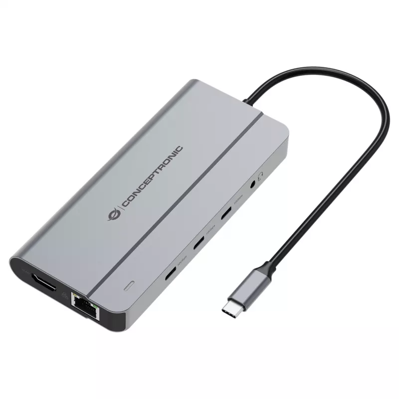 Conceptronic DONN34G 10-in-1 USB 3.2 Gen 2 MST dokovacia stanica, 4K60Hz HDMI, 8K30Hz DisplayPort, GbE, USB-C 10Gbps x 3, USB-A 480Mbps x 2, audio, 100W USB PD