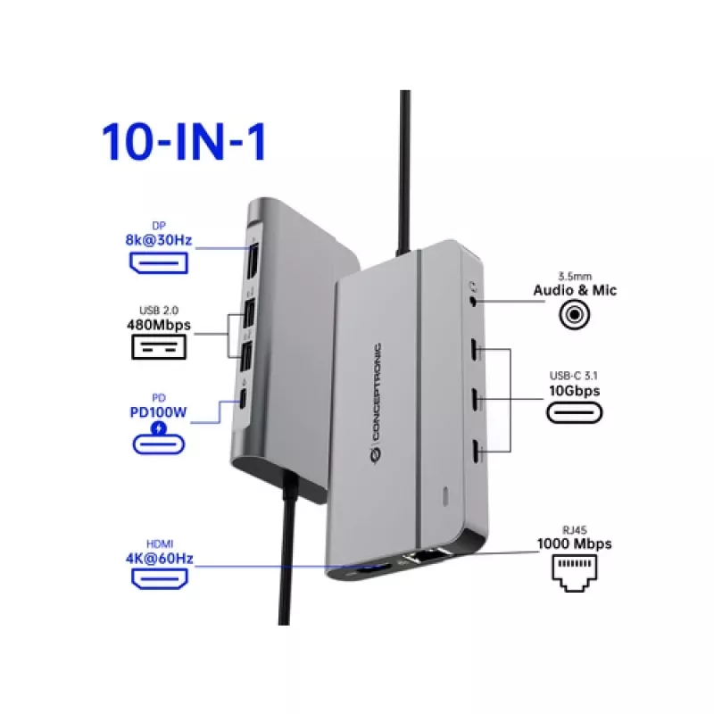Conceptronic DONN34G 10-in-1 USB 3.2 Gen 2 MST dokovacia stanica, 4K60Hz HDMI, 8K30Hz DisplayPort, GbE, USB-C 10Gbps x 3, USB-A 480Mbps x 2, audio, 100W USB PD
