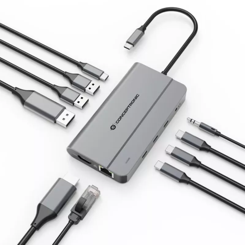 Conceptronic DONN34G 10-in-1 USB 3.2 Gen 2 MST dokovacia stanica, 4K60Hz HDMI, 8K30Hz DisplayPort, GbE, USB-C 10Gbps x 3, USB-A 480Mbps x 2, audio, 100W USB PD