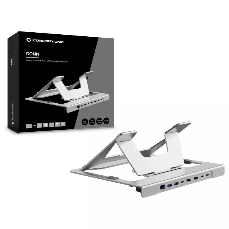 Conceptronic DONN35S stojan na notebook s 7-in-1 USB-C dokovacou stanicou, Dual-HDMI 4K60Hz, GbE, USB-C 5Gbps, 2x USB-A, 100W PD, strieborný