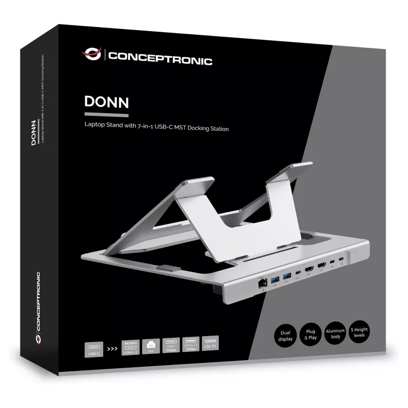 Conceptronic DONN35S stojan na notebook s 7-in-1 USB-C dokovacou stanicou, Dual-HDMI 4K60Hz, GbE, USB-C 5Gbps, 2x USB-A, 100W PD, strieborný
