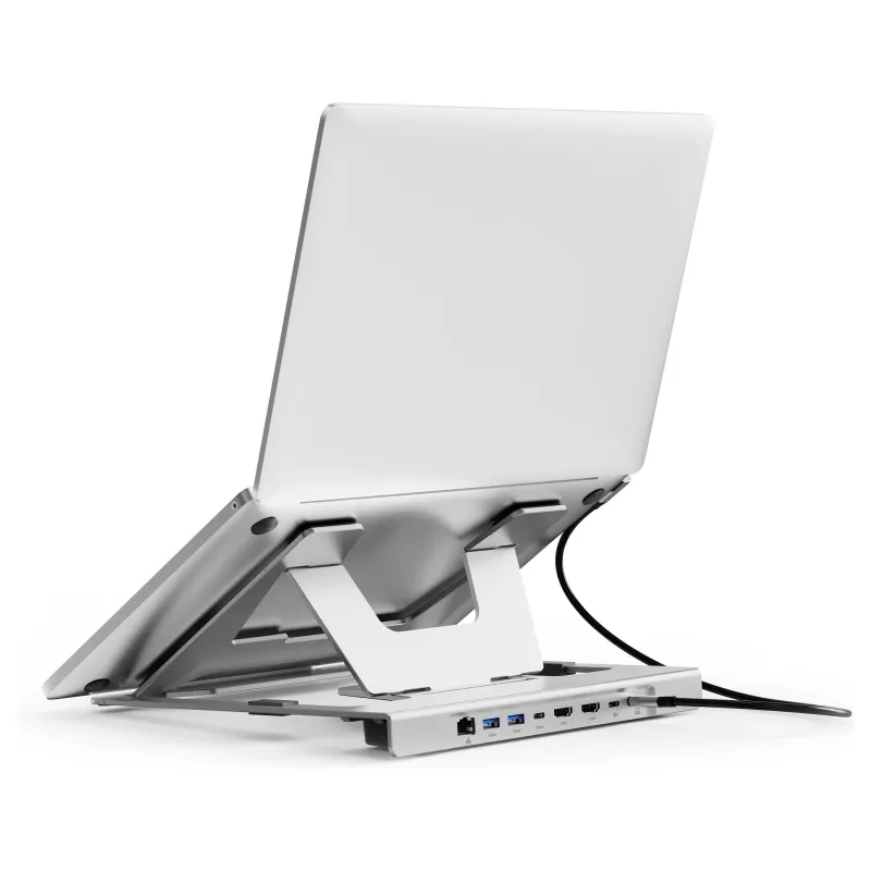Conceptronic DONN35S stojan na notebook s 7-in-1 USB-C dokovacou stanicou, Dual-HDMI 4K60Hz, GbE, USB-C 5Gbps, 2x USB-A, 100W PD, strieborný
