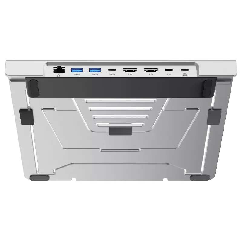 Conceptronic DONN35S stojan na notebook s 7-in-1 USB-C dokovacou stanicou, Dual-HDMI 4K60Hz, GbE, USB-C 5Gbps, 2x USB-A, 100W PD, strieborný