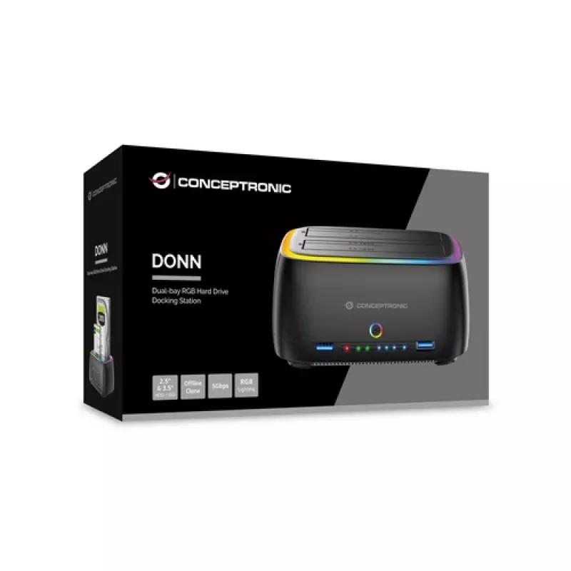 Conceptronic DONN36B 2-Bay SATA HDD/SSD dokovacia stanica, USB 3.0, 2x USB-A, čierna