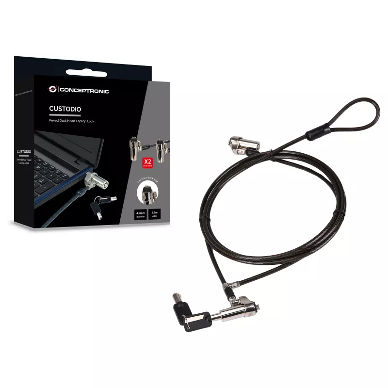 Conceptronic NBT Nano-Lock Dual zámok na notebook, 4-miestny, 1,8 m oceľové lanko, čierny/strieborný