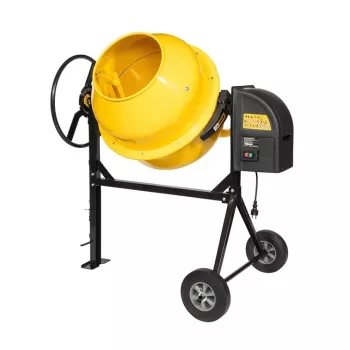 Miešačka na betón 180L HCM650 850W elektrická bubnová miešačka s oceľovým bubnom, liatinový ozubený veniec, IP44, 2 plné gumené kolesá, sklápacie zariadenie s ručným kolesom