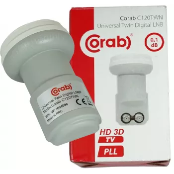 CORAB C120TWN Twin LNB konvertor – 2 výstupy, 40 mm feedhorn, nízky šum 0,1 dB, odolný voči poveternostným vplyvom F-typ