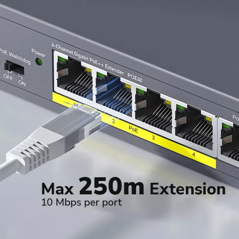 CUDY POE40 4-port PoE switch/extender s 1 uplink, 802.3af/at, 250m Extend, Kovové puzdro