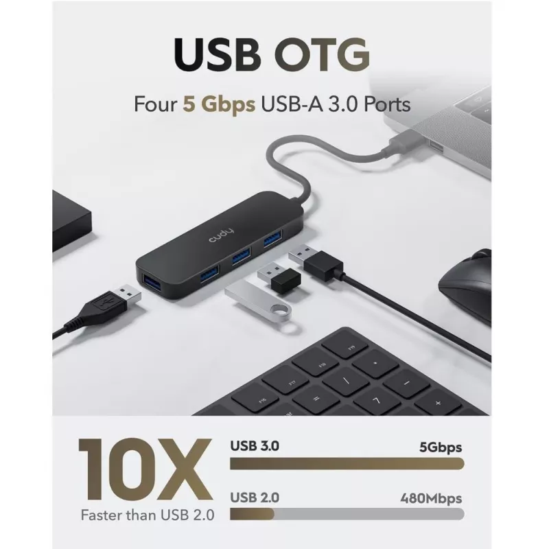 Cudy UH40A PortMate USB-A na 4-port USB 3.0 hub 5Gbps iba dáta plast kompaktný čierny