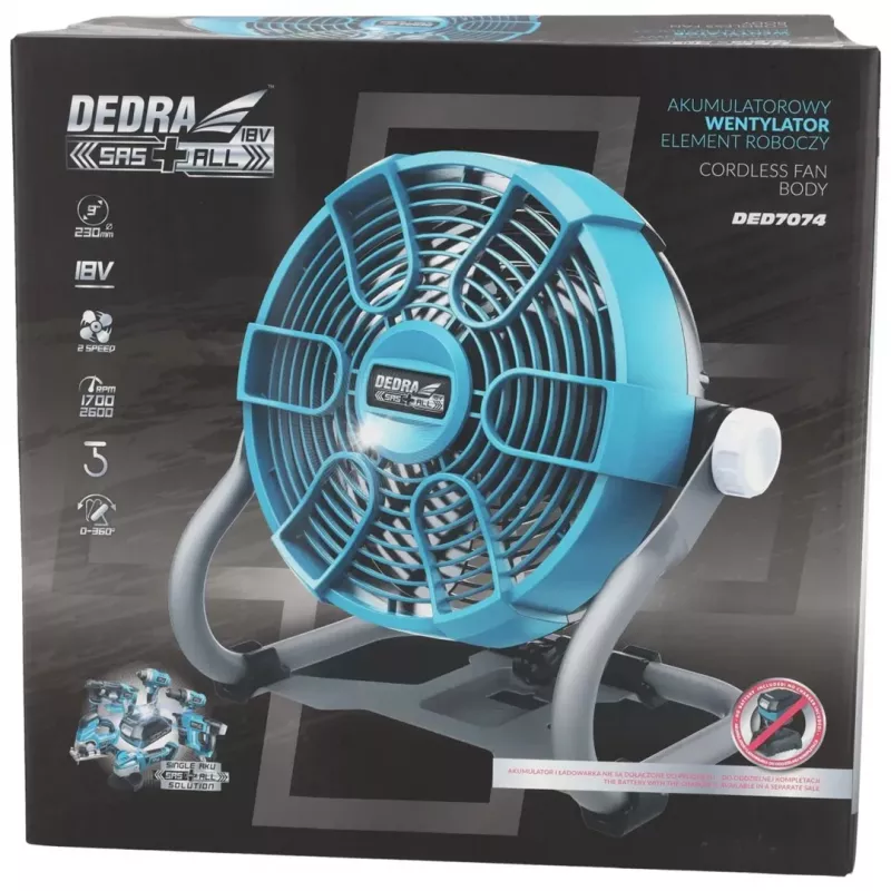 DEDRA DED7074 18V akumulátorový ventilátor 230mm 3 rýchlosti s háčikom na zavesenie a držiakom na statív