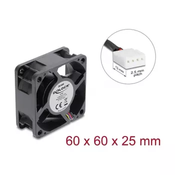 Delock axiálny ventilátor 48 V DC, 60 x 60 x 25 mm so 4-pinovým PWM konektorom ventilátora, čierny