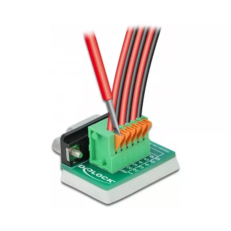 Delock D-Sub 9 konektor samica na 6-pin svorkovnicu adaptér s skrutkami a tlačidlom 66556