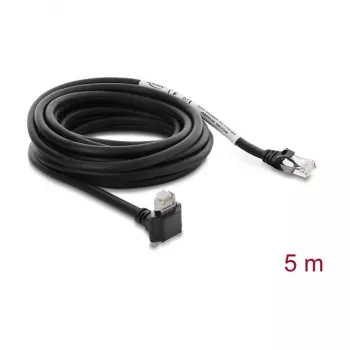Delock GigE kamerový kábel RJ45 konektor samec 90° zahnutý so skrutkami, dĺžka konektora 28 mm na RJ45 konektor samec Cat.6 S/FTP 5 m čierny