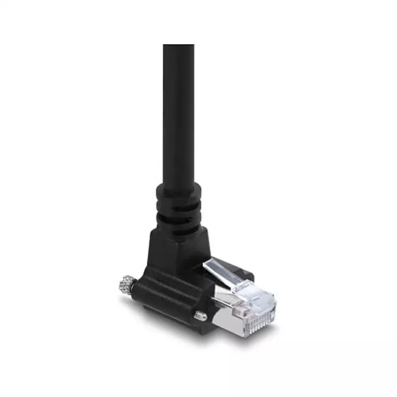 Delock GigE kamerový kábel RJ45 konektor samec 90° zahnutý so skrutkami, dĺžka konektora 28 mm na RJ45 konektor samec Cat.6 S/FTP 1 m čierny