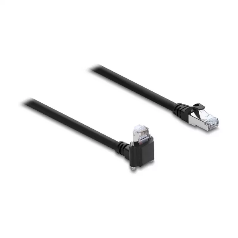Delock GigE kamerový kábel RJ45 konektor samec 90° zahnutý so skrutkami, dĺžka konektora 28 mm na RJ45 konektor samec Cat.6 S/FTP 1 m čierny