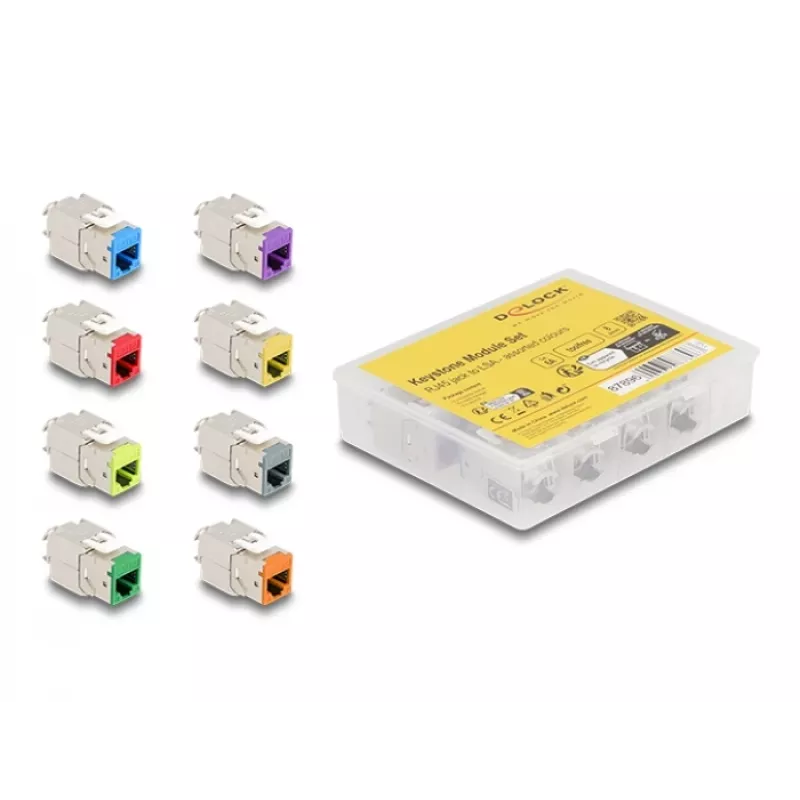Delock Keystone modul RJ-45 konektor samica na LSA konektor samica STP CAT 6a, 8-kusové balenie (sivý, modrý, žltý, červený, zelený, oranžový, fialový, neónovo žltý) 87896