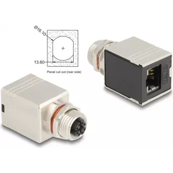Delock M12 adaptér X-kódovaný 8 Pin konektor samica na RJ45 konektor samica Cat.6A STP tienený rovný