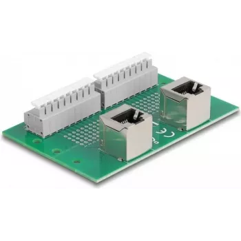 Delock RJ45 2 x konektor samica na 2 x svorkovnicu s tlačidlom pre DIN lištu zahnutý (66995)