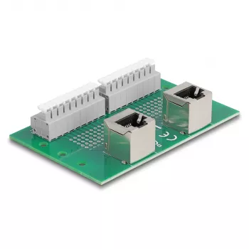 Delock RJ45 2 x konektor samica na 2 x svorkovnicu s tlačidlom pre DIN lištu zahnutý (66995)