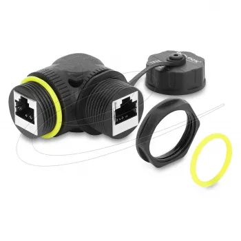 Delock RJ45 spojka Cat.6 konektor samica na konektor samica so závitom M23 x 1,5 mm a ochrannou krytkou, 90° zahnutá, IP68, čierna