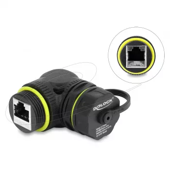 Delock RJ45 spojka Cat.6 konektor samica na konektor samica so závitom M23 x 1,5 mm a ochrannou krytkou, 90° zahnutá, IP68, čierna