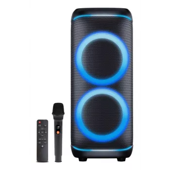 Denver BPS-470 Bluetooth párty reproduktor s karaoke, 2000W PMPO, 20W RMS, LED svetlá, FM rádio, TWS, vrátane mikrofónu, čierny