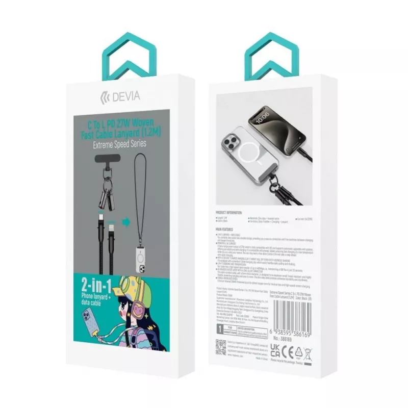 Devia 2-in-1 USB-C na Lightning kábel lanyard 1,2m 27W čierny