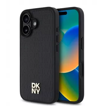 DKNY Apple iPhone 16 Plus PU kožené puzdro s Repeat Pattern Stack logom, MagSafe, čierne