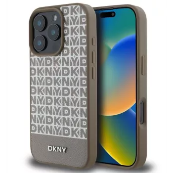 DKNY Apple iPhone 16 Pro Max PU kožené puzdro s opakujúcim sa vzorom a spodným pruhom, MagSafe, hnedá