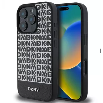 DKNY Apple iPhone 16 Pro Max PU kožené puzdro s opakujúcim sa vzorom a spodným pruhom, MagSafe, čierna