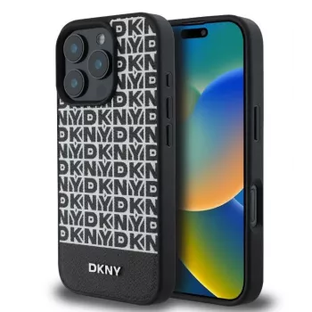 DKNY Apple iPhone 16 Pro PU kožené puzdro s opakujúcim sa vzorom a spodným pruhom, MagSafe, čierna
