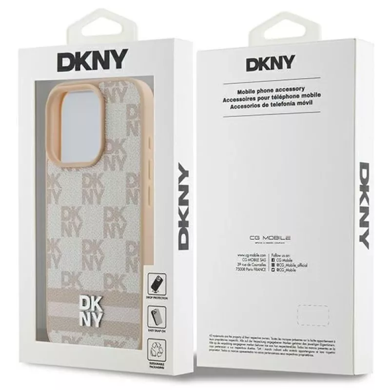 DKNY Károvaný vzor & potlačené pruhy puzdro pre iPhone 16 Pro - ružová