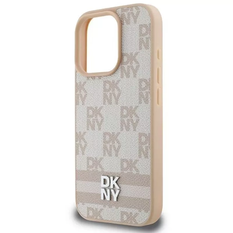 DKNY Károvaný vzor & potlačené pruhy puzdro pre iPhone 16 Pro - ružová