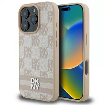 DKNY Károvaný vzor & potlačené pruhy puzdro pre iPhone 16 Pro - ružová