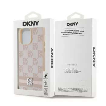 DKNY kožené puzdro s károvaným Mono vzorom a potlačenými pruhmi pre iPhone 14 Pro Max - ružová