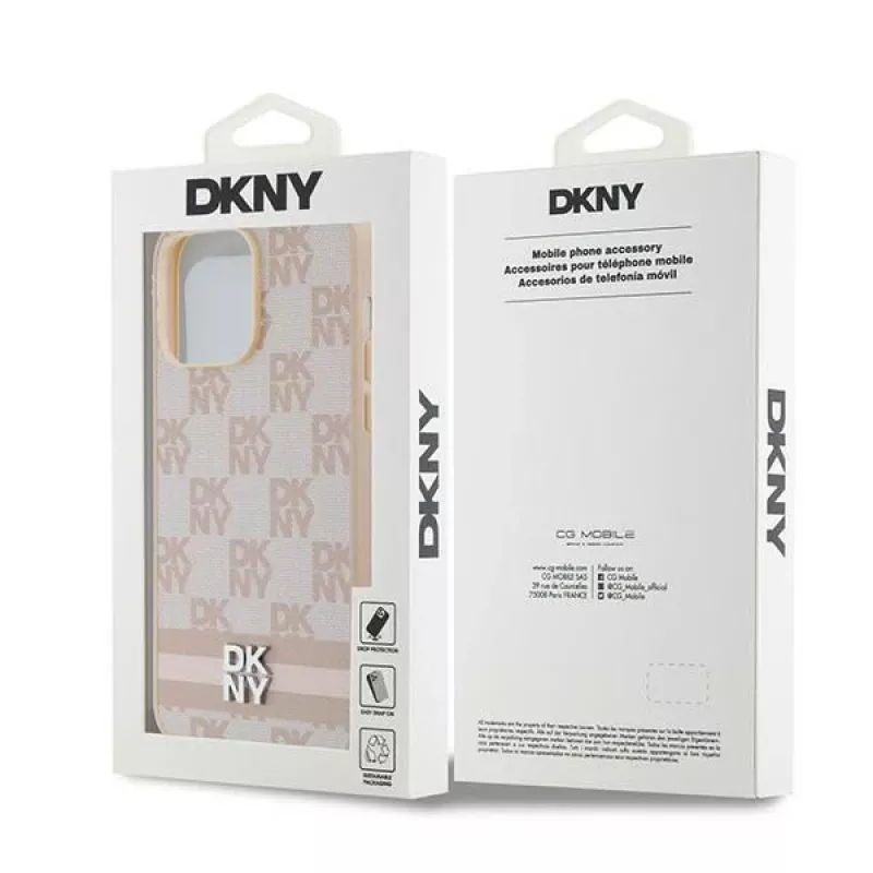 DKNY kožené puzdro s károvaným Mono vzorom a potlačenými pruhmi pre iPhone 14 Pro Max - ružová